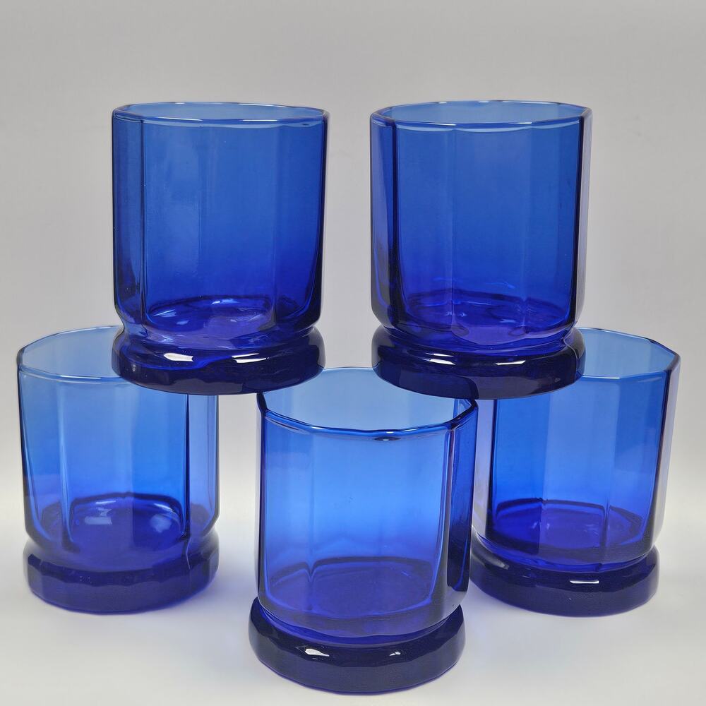 Vintage Anchor Hocking Cobalt Blue Panel Dbl Old Fashioned Glasses 9 oz Tall MCM